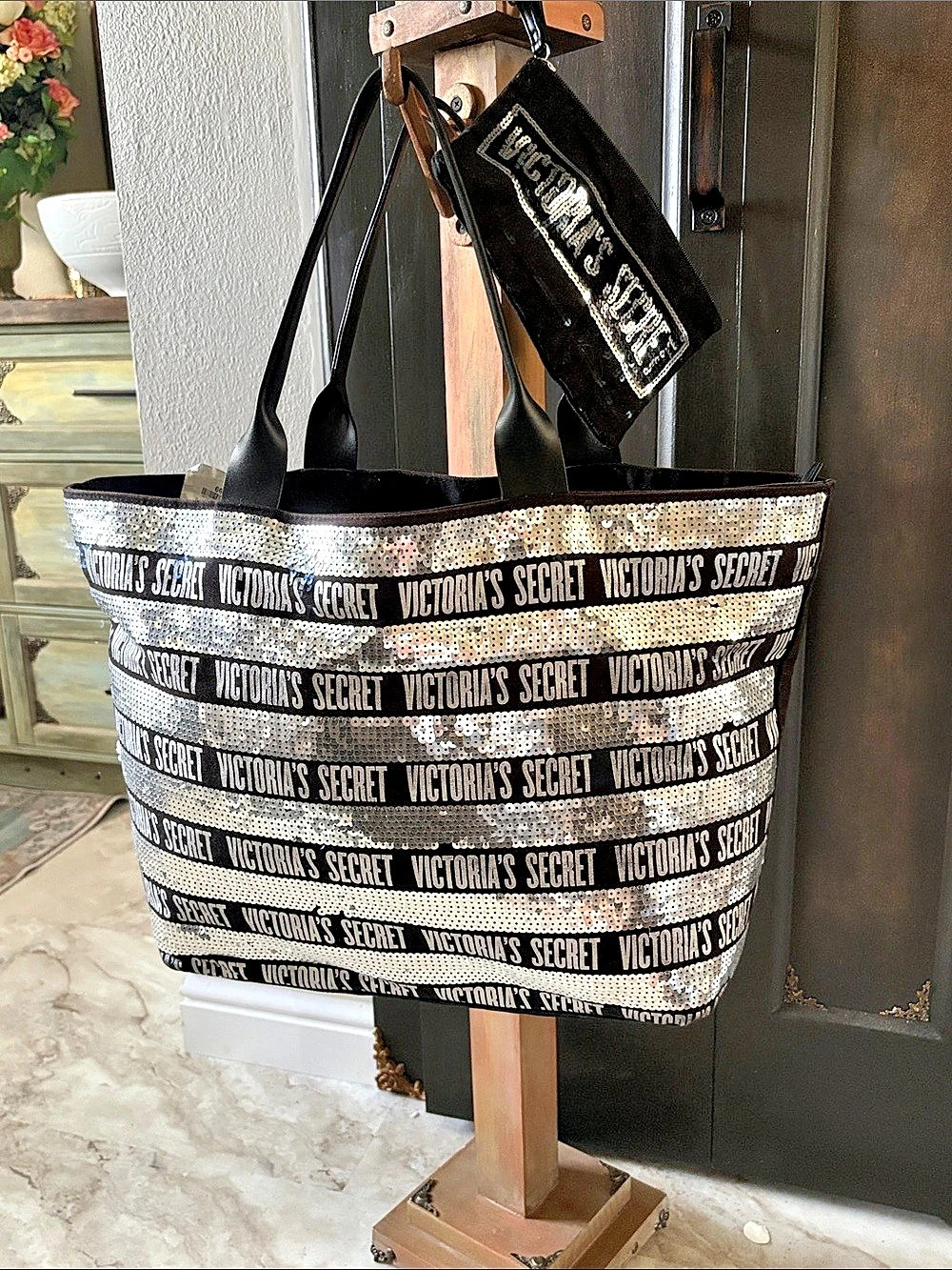 Victoria's Secret Sequin Stripe Tote and Pouch Set Black & Silver